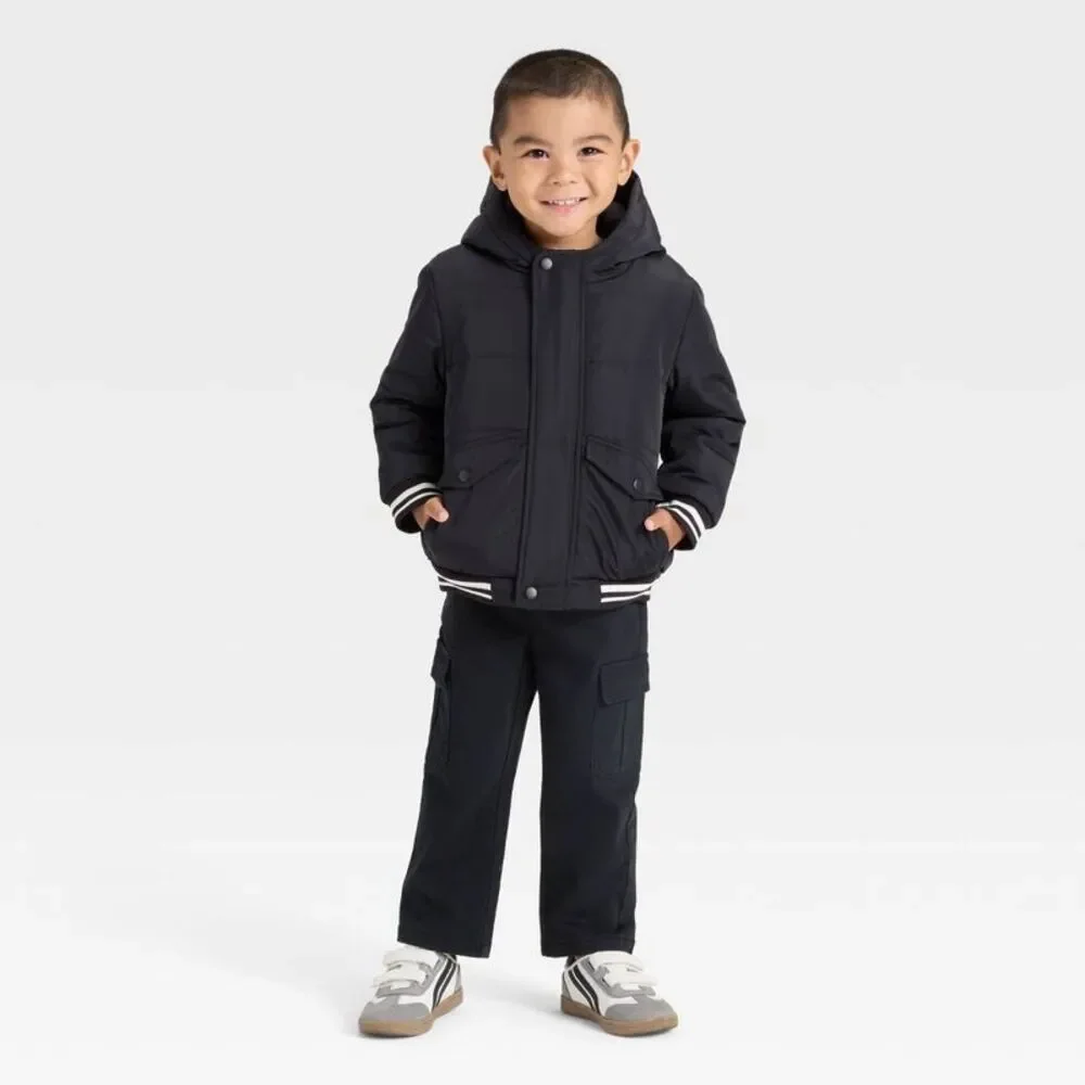 Toddler Boys' Varsity Striped Heavyweight Puffer Jacket - Cat & Jack Black 2T